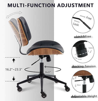 Home Office Desk Chair with Wheels, Adjustable Height Armless Office Chair, PU Leather Mid Back 360° Small Computer Chair, Modern Walnut Chair No Arms for Office, Reading Meeting Room(Black)