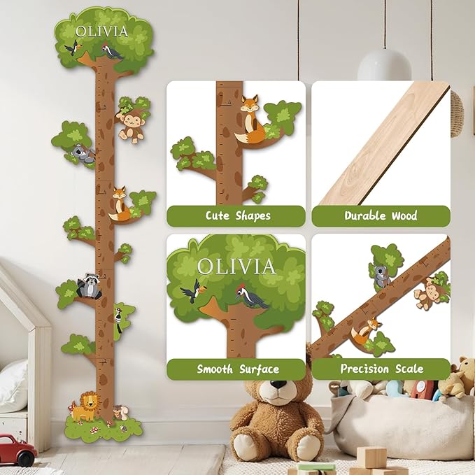 Wooden Surfboard Wall Decor Growth Chart,Tree Art Decor for Kids Room, Wood Tree Kids Sizing Chart, Height Board Cute Decor, Nursery Growth Chart Ruler Measuring Board for Boys Girls
