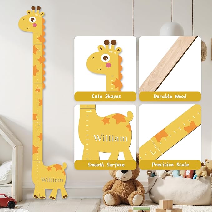 Personalized Name Growth Chart for Kids, Giraffe Height Chart for Boy Girls, Measuring Board for Kids Height, Patchwork Wooden Height Chart Measuring Board, Nursery Growth Chart Ruler