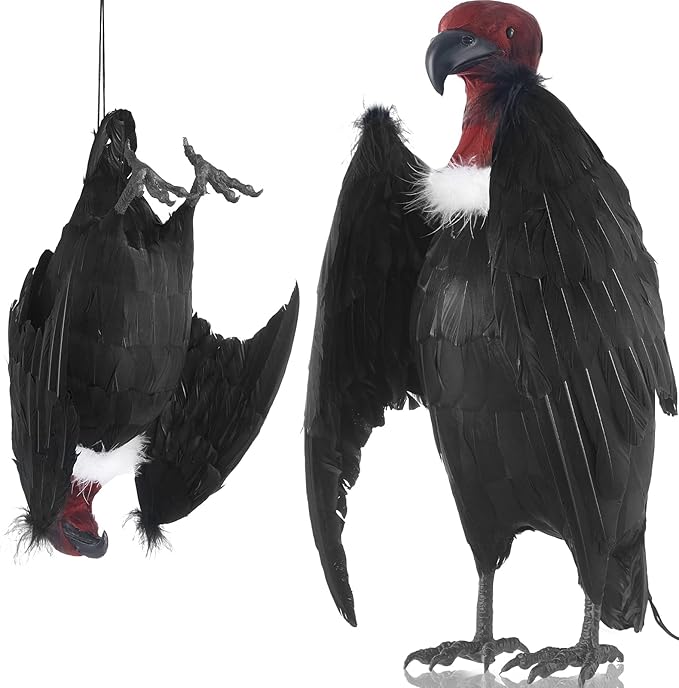 Tenceur 1 Piece Faux Vulture Effigy 18'' Large Fake Vulture Decoys Simulated Full Feathered Realistic Bird Black Hanging Faux Bird Scarecrow for Yard Roofs Trees Garden
