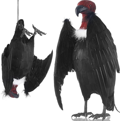 Tenceur 1 Piece Faux Vulture Effigy 18'' Large Fake Vulture Decoys Simulated Full Feathered Realistic Bird Black Hanging Faux Bird Scarecrow for Yard Roofs Trees Garden