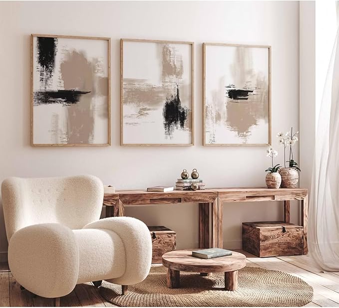 Joocrise Beige Abstract Wall Art Painting Set of 3 Neutral Canvas Wall Art Prints Black Beige Modern Wall Decor Minimalist Art Pictures Abstract Modern Artwork for Room Bedroom 12x16 Inch Unframed