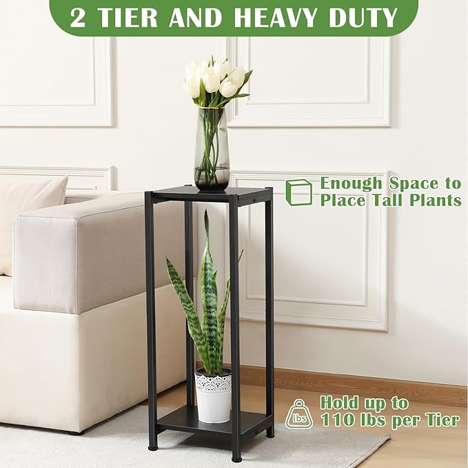 Tall Plant Stand Indoor,31 Inch Plant Stands,2 Tier Metal Plant Stand with Heavy Duty Wood,Black
