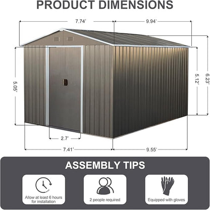 10 x 8 FT Outdoor Storage Shed, Metal Garden Shed with Floor Frame, Large Tool Shed Outdoor Storage with Lockable Sliding Doors & Air Vents, Storage House Waterproof for Backyard, Lawn, Gray