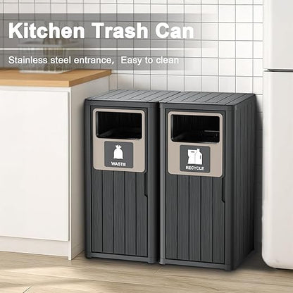 Outdoor Double Barrel Trash Can,Waterproof Resin Garbage Can with Garbage Labels,Durable Waste Bin for Porch, Backyard,Kitchen,for 30 to 39 Gallon Trash Bags