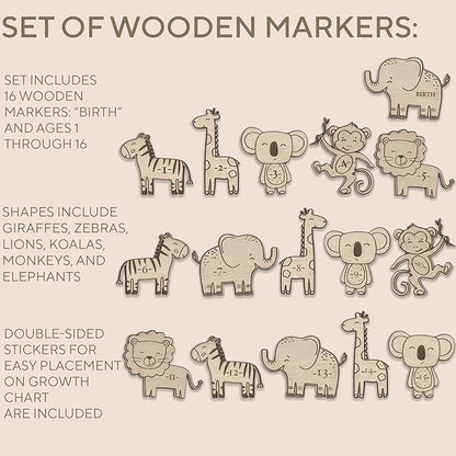3D Wooden Growth Ruler Markers for Kids Height Measurement, Safari Shapes for Boys Nursery.