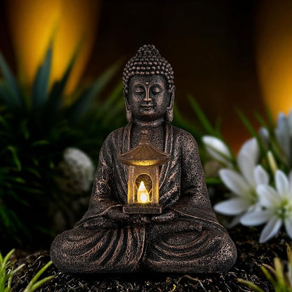 Buddha Garden Statue with Solar Light, Resin Zen Decor for Outdoor Patio or Indoor Meditation, Spiritual Gift for Women and Friends (Copper Pavilion)