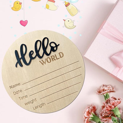 Baby Announcement Sign, 5.9 Inch Wooden Hello World Newborn Signs, Birth Announcement Sign, Baby Shower Hospital Nursery for Newborn Boys and Girls (Black,Pen)