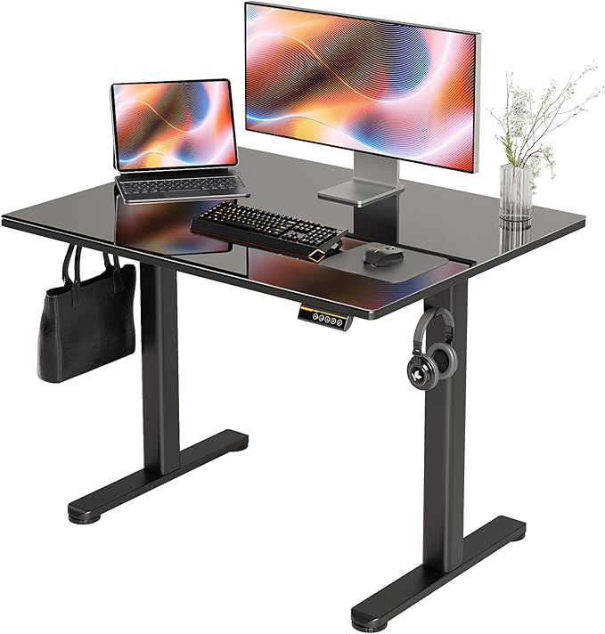 Claiks Glass Standing Desk, 40x24 Inch Small Stand Up Desk Electric Adjustable Height Quick Install Computer Desk for Home Office, Black