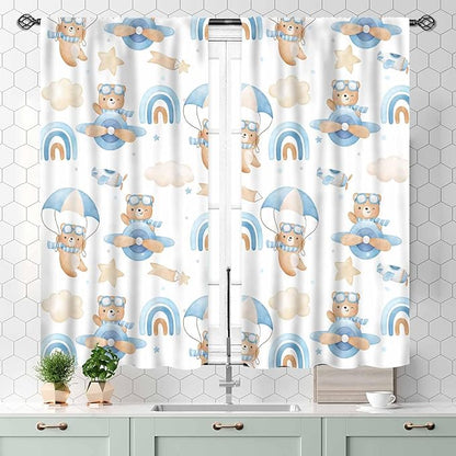 Cartoon Bear Curtains, Kids Boys Girls Cute Lovely Bear Adventure Airplane Cloud Pastel Blue Window Drapery Treatments for Baby Living Room Bedroom Nursey Toddler Classroom 2 Panels, 55x39 Inch