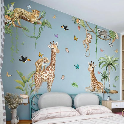 Jungle Safari Watercolor Wall Stickers - Large Removable Animal Wall Decals (Leopard, Giraffe, Monkey, Koala) with Tropical Plants Vines & Butterflies DIY Nursery Decor for Kids Bedroom, Classroom