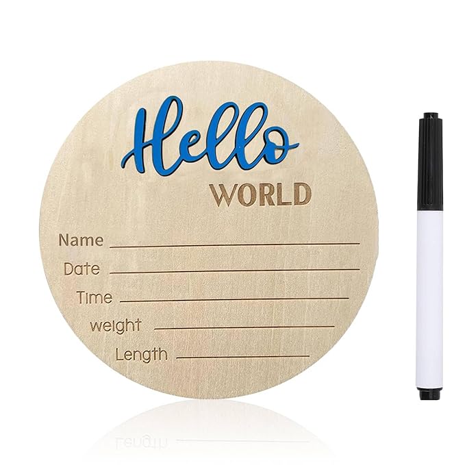 Baby Announcement Sign, 5.9 Inch Wooden Hello World Newborn Signs, Birth Announcement Sign, Baby Shower Hospital Nursery for Newborn Boys and Girls (Blue,Pen)