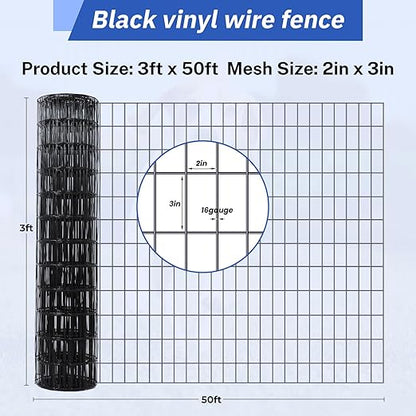 2×3in 36''×50' Welded Wire Mesh, Chicken Wire Mesh Metal Garden Plant Fencing, Black PVC Coated Raised Garden Bed Plant Supports Poultry Netting, Welded Fence Rabbit Cage