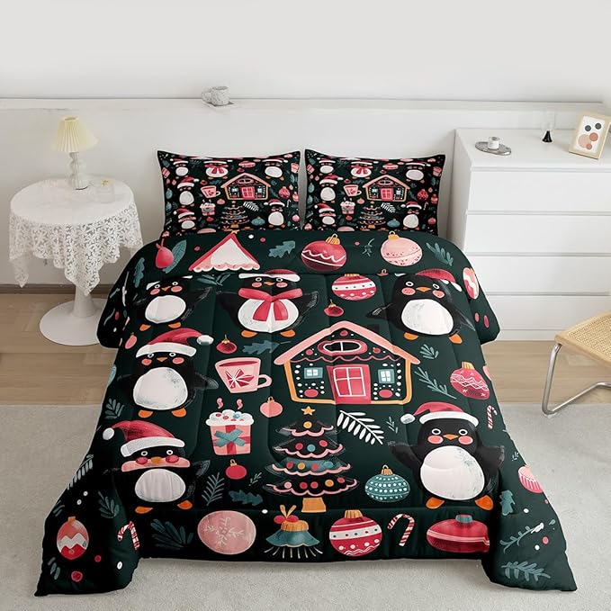 Feelyou Christmas Kids Comforter Set King Size Xmas Tree Ball Bedding Set Penguin Duvet Quilt for Kids Boys Girls Bedroom Gingerbread Houses Decor Microfiber Ultra Soft Breathable