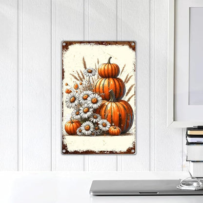 Vintage Pumpkin And Daisy Metal Tin Sign Rustic Fall Harvest Wall Art Farmhouse Autumn Decor For Home Kitchen Or Garden 8 x 12 Inch Outdoor Indoor Aluminum