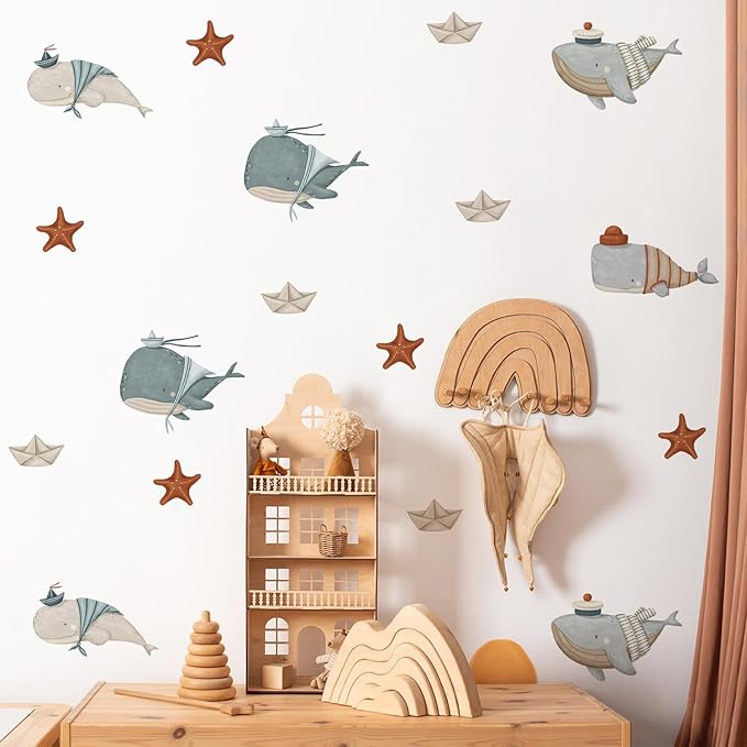 Whale Wall Decals for Nursery – 18 Decals, Ocean Theme Removable Stickers for Kids Room, Sea Animal Baby Room Decor, Reusable Wall Stickers for Furniture & Glass (6 Sheets)