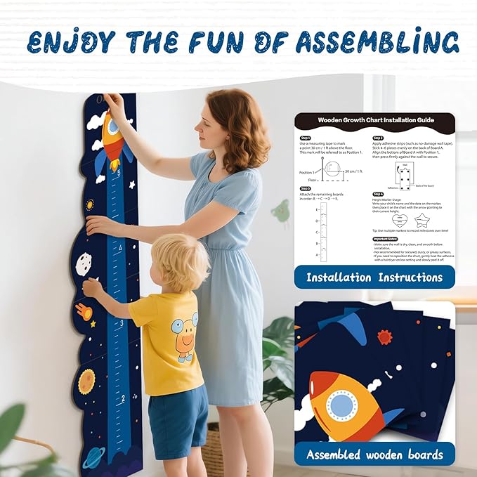 Personalized Name Growth Chart for Wall, Rocket Wood Height Chart for Kids, Height Measurement for Wall, Boy Girls Height Wall Chart Growth Measuring Ruler, Toddler Playroom Decor