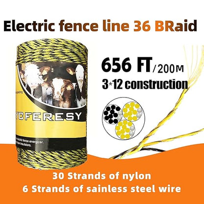 Upgraded Electric Fence Poly Wire 656 Feet 200 Meters and 50 Pcs Black Electric Fence Insulator Screw-in Insulator Fence Ring Wood Post with 1 Pcs Insulator Socket Tool