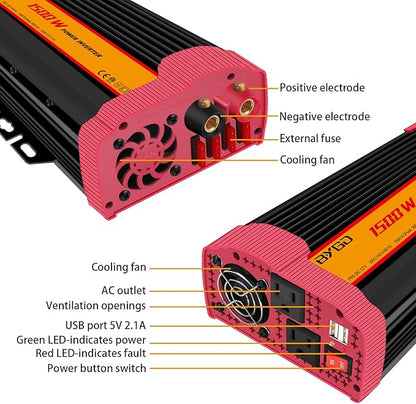 1500W Car Power Inverter DC 12V to AC 110V Car Converter Charger Adapter with Dual Outlets and 4.2A Dual USB Ports DC to AC Power Inverter for Truck Outdoor Home Camping RV Hurricane Emergency Red