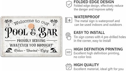 Welcome to Our Pool and Bar Metal Tin Sign Pool Accessories Decor Outdoor Vintage Metal Tin Signs Farmhouse Part Patio Porch Home Wall Decorations 8x12 Inch