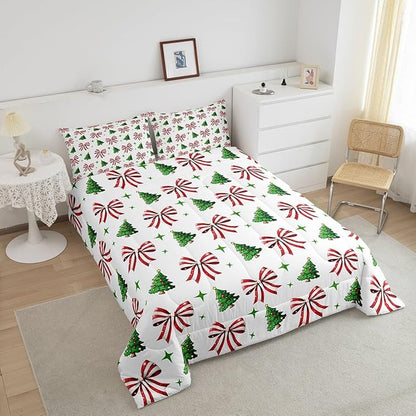 Manfei Merry Christmas Comforter Set King Size, Red Bow Green Tree Bedding Set 3pcs, New Year Theme Down Comforter for All Season, Kids Girls Room Decor, Lightweight Duvet Insert, 2 Pillowcases