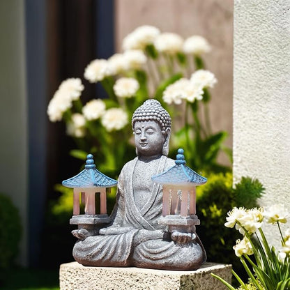 Meditating Buddha Statue with Solar Lights, Zen Garden Decor for Home, Patio, Yard, Outdoor – Unique Gift for Women and Friends(Two Pavilions)