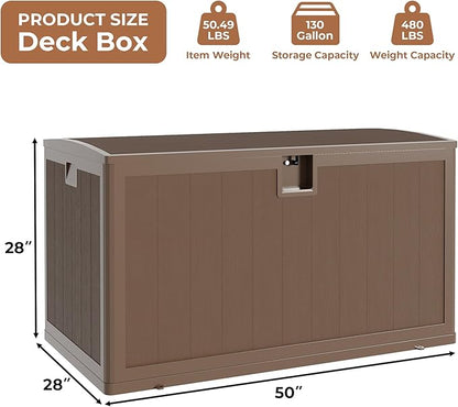 130 Gallon Outdoor Storage Box, Lockable Resin Deck Box Indoor and Outdoor Use, Waterproof Patio Deck Storage Box For Package Delivery, Furniture Cushions, Garden Tools, Pool Accessories