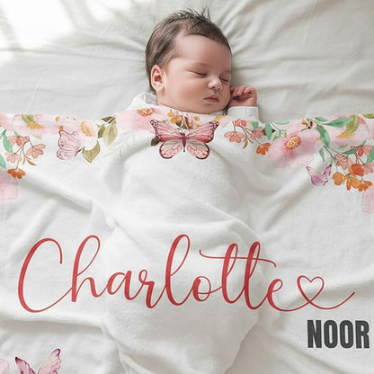 Personalized Baby Blankets for Girls, Customized Name Blanket for Kids, Custom Toddler Blanket Gifts for Birthday, Christmas, Newborn Soft Flannel Floral Blankets Boy Girl Birthday Gifts