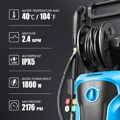 DNA MOTORING TOOLS-00231 Up to 2176 PSI Pressure 2.4 GPM Max Flow Electric Pressure Washer for Yard and Car Cleaning with Spray Nozzle Foam Bottle + 4 Turbo Nozzles IPX5 Driveway Patio Deck (Blue)