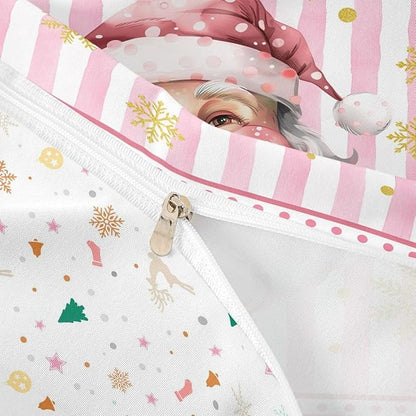 Manfei Cartoon Santa Claus Duvet Cover,New Yrar Decor Golden Snowflake Christmas Theme Bedding Set for Bedroom Decor,Girly Pink Geometric Stripes All Season Bedding (NO Comforter) Queen Size