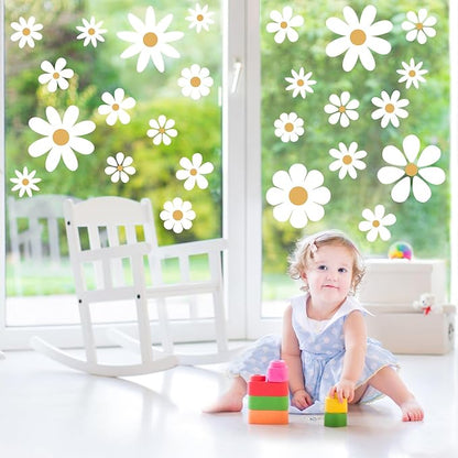 TaoBary 12 Sheets Daisy Wall Decal Flower Wall Sticker Cute Daisy Sticker Pink White Flower Decal Peel and Stick Floral Wallpaper for Nursery Bedroom Home Decor(White, Yellow,Classic Style)