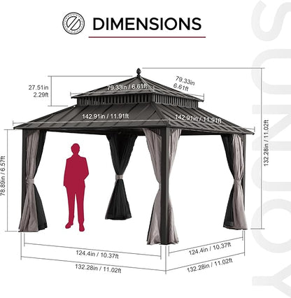 SUNJOY Kingston 12' x 12' Hardtop Gazebo with Galvanized Steel Double Roof, Curtain and Netting, Brown Aluminum Posts Permanent Pavilion Gazebo for Garden, Patio, Deck, Lawn