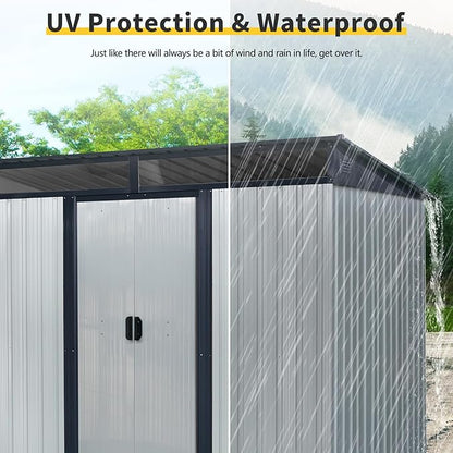 8x6 FT Outdoor Storage Shed,Metal Shed with Floor & Transparent Plate,Garden Shed W/Air Vent & Lockable Sliding Door,All Weather Waterproof Tool House W/Sloped Roof,Black+White