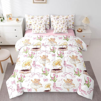 Pink Bowknot Princess Comforter King Size,Ballet Shoes Bear Dancer Cartoon 7 Pcs Bedding Set,Tulip Flower Music Note Record Decor,Bow Tie Romantic （Fitted+Sheet+2 Pillowcases+2 Throw Pillow Covers）