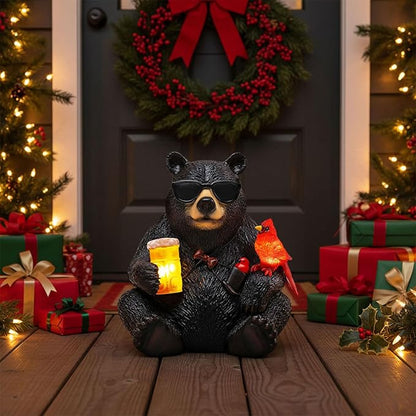 Solar Black Bear Statue for Garden with Beer and Cardinals 6.3" Resin Garden Statues for Outside Yard Paito Porch Decor Birthday Gardening Gifts for Women Mother Sister Grandmother Wife