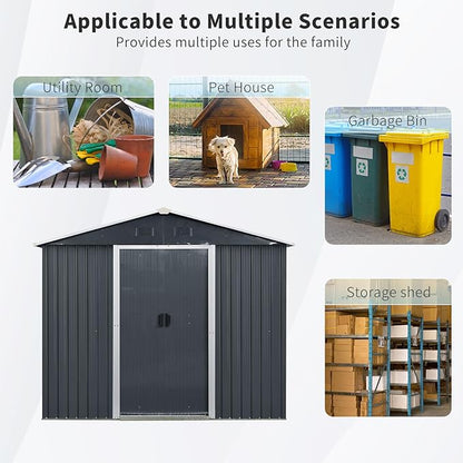 4x8 FT Outdoor Storage Shed, Metal Garden Shed with Frame Floor, Outside Tool Shed with Window, Waterproof Storage Building with Lockable Sliding Doors & Sloped Roof for Backyard, Patio, Black