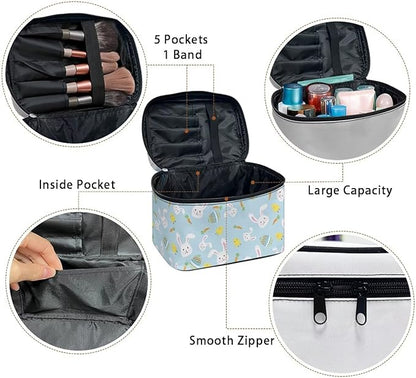 Rabbit Chicken Easter Eggs Carrot Print Travel Makeup Bags for Women Portable Tote Cosmetic Case with Carry Handle Toiletry Accessories Storage Organizer Bags Blue