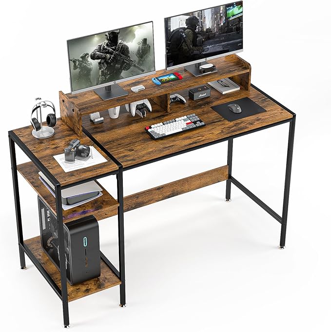 Computer Desk Gaming Desk with Monitor Stand, Home Office Desk Suitable for 2 Monitors, Writing Desk with Adjustable Storage Space,Sturdy and Durable Modern Small Desk (Vintage, 47inchs)