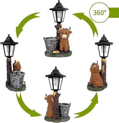 Solar Highland Cow Outdoor Statues, Garden Sculptures with Flowerpot Decor & Solar Lantern for Yard Art Lawn Ornaments Porch Patio Balcony - Birthday Gifts for Women Mom