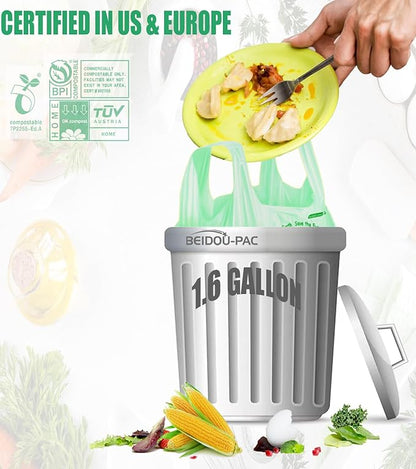 1.6 Gallon Compostable Trash Bags with Handle, 250 Count Small Compost Bags, Biodegradable Kitchen Garbage Bags, Food Scrap Waste Bags for Countertop Bin, ASTM D6400, US BPI Certified