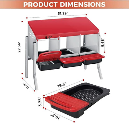 3 Compartment Metal Chicken Nesting Box, Includes 3 Soft Hay Mats, Automatic Roll-Out Egg Collection, Waterproof Galvanized Steel Laying Box with Perch & Wall Mount, for Hens Ducks Rabbits