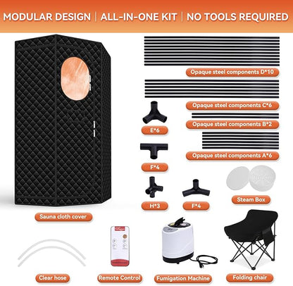 Portable Sauna for Home - Upgraded Personal Home Sauna Box with 3L 1300W Steamer, Big Folding Chair, 9 Levels Heat, Timer, Remote Control - Large Size Steam Room Saunas Tent for Relaxation & Spa Black