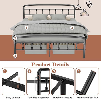 Queen Bed Frames with Headboard, Heavy Duty Bed Frames with Headboard Noise-Free Design & 12" Underbed Storage,No Box Spring Needed/Tool-Free 30 Mins Assembly