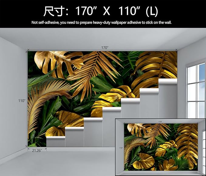 WFBHUA-Gold and Green Tropical Jungle Palm Leaf Wallpaper Mural Monstera Wall Mural for Living Room Bedroom (Not Peel and Stick)
