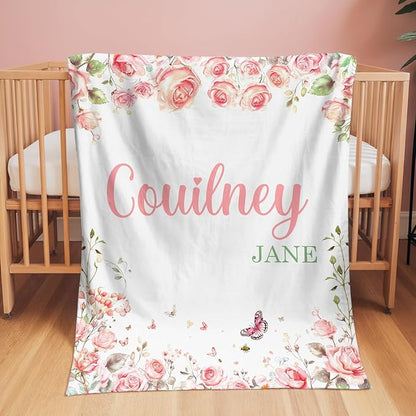 Ship Next Day, Personalized Baby Blanket for Girls- Printed in USA, Custom Baby Blankets with Name Floral Rose Blanket for Infant Newborn Shower(Rose)