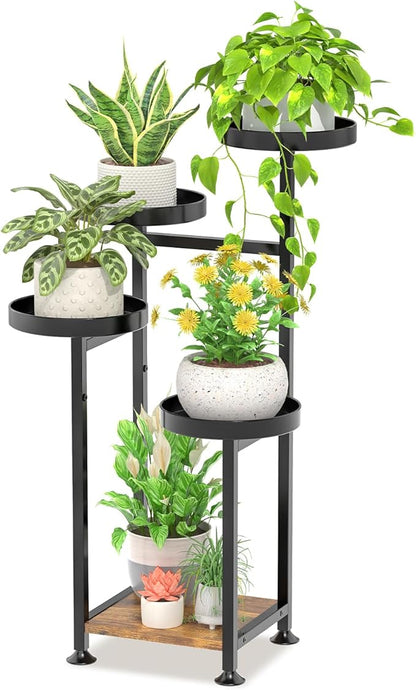 LASZOLA 5 Tiered Black Plant Stand Indoors for Multi Larger Heavy Duty Planter, Sturdy Flowers Rack for Narrow House Inside, Decorate for Herb Tree, Metal Ladder Shelving with Wood Base, Space Saving