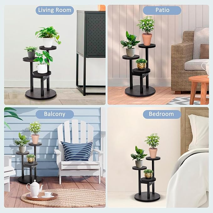 3 Tier Wood Plant Stand Indoor, Metal Iron Tiered Plant Stands Corner Plant Holder Flower Shelf Display Rack For Living Room Balcony Garden Patio (Black)