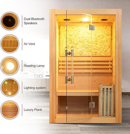 Indoor Steam Sauna 2 Person, Canadian Hemlock Saunas, 6KW Harvia Heater, 220V, Left Door(120-195℉) with Himalayan Salt Panel and LCD Touch Control Panel