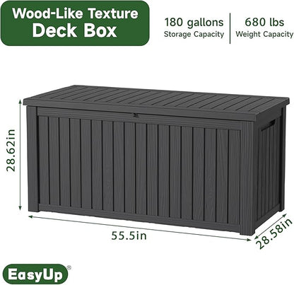 EasyUp 180 Gallon Outdoor Storage Box Waterproof, UV Resistant Resin Deck Box with Hydraulic Rod, Reinforced Stability for Patio, Garden, and Pool, Striped Black