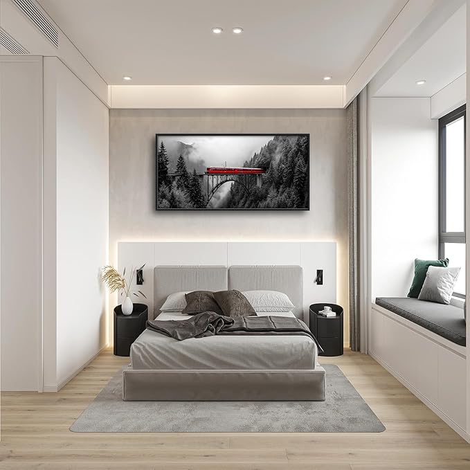 Olivine Train Large Wall Art, Black and White Pictures Wall Decor, Train Painting, Landscape Canvas Prints, Framed Artwork for Men Dining Room Living Room Bedroom Bathroom Home Decoration 60"x30"